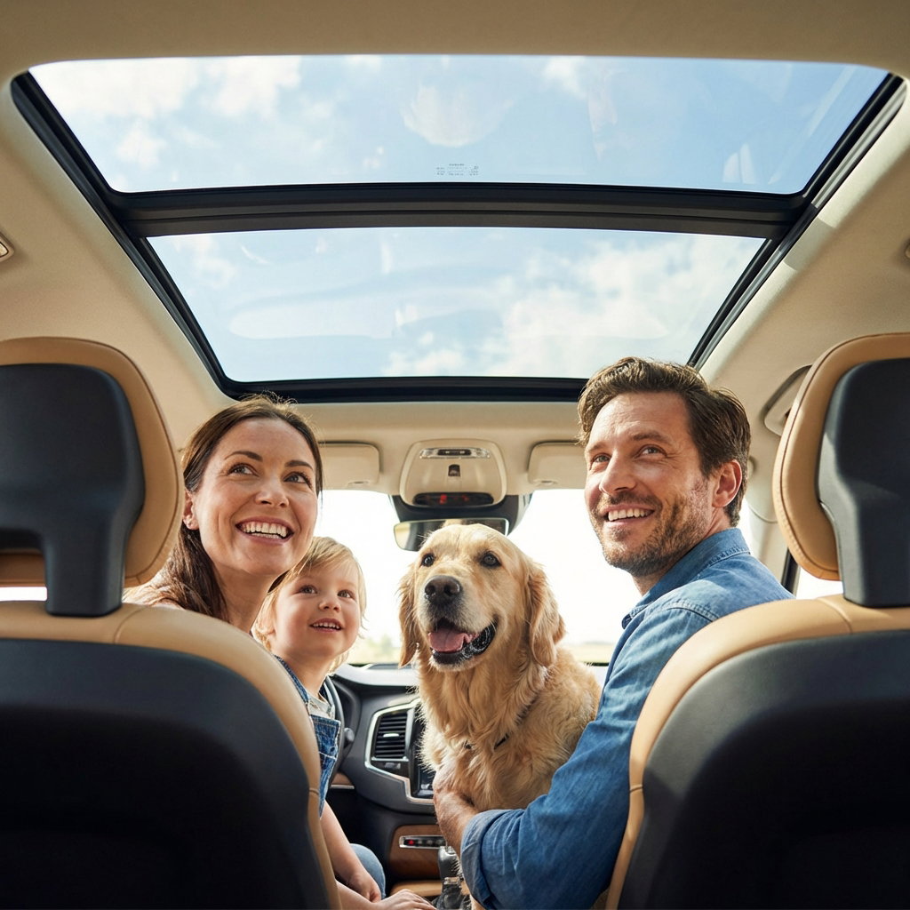 Happy family in car looking through sunroof